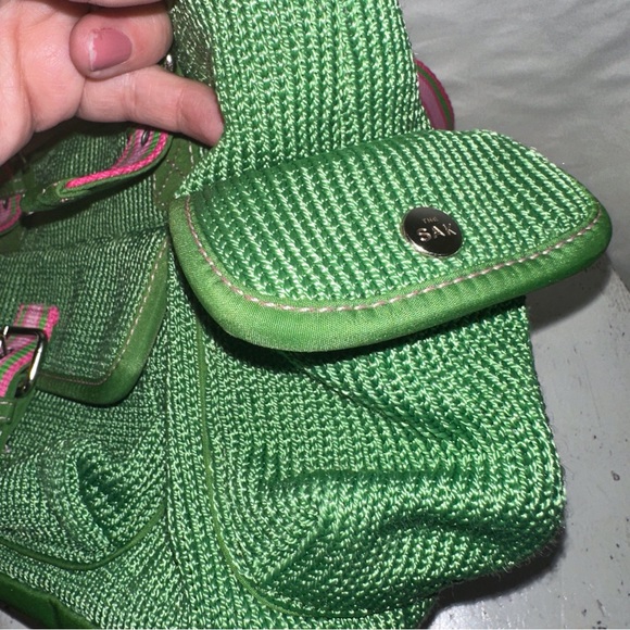 The SAK Belinda Satchel Kelly Green Knit Bag Pink Trim Canvas Straps Buckles - Picture 9 of 12